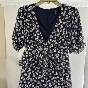 Lulus Anything Lovelier Size XS Navy Blue Daisy Floral Print Tiered Midi Dress